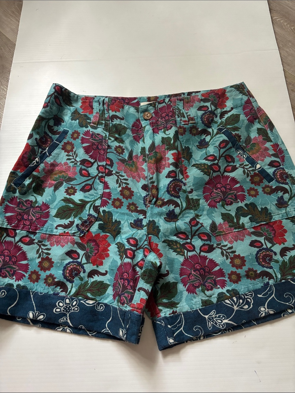 Sundance Floral Cotton and Linen Blend Shorts - Teal, Pink & Red